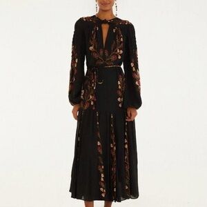 FARM Rio Black Dress with Red and Gold Floral Design